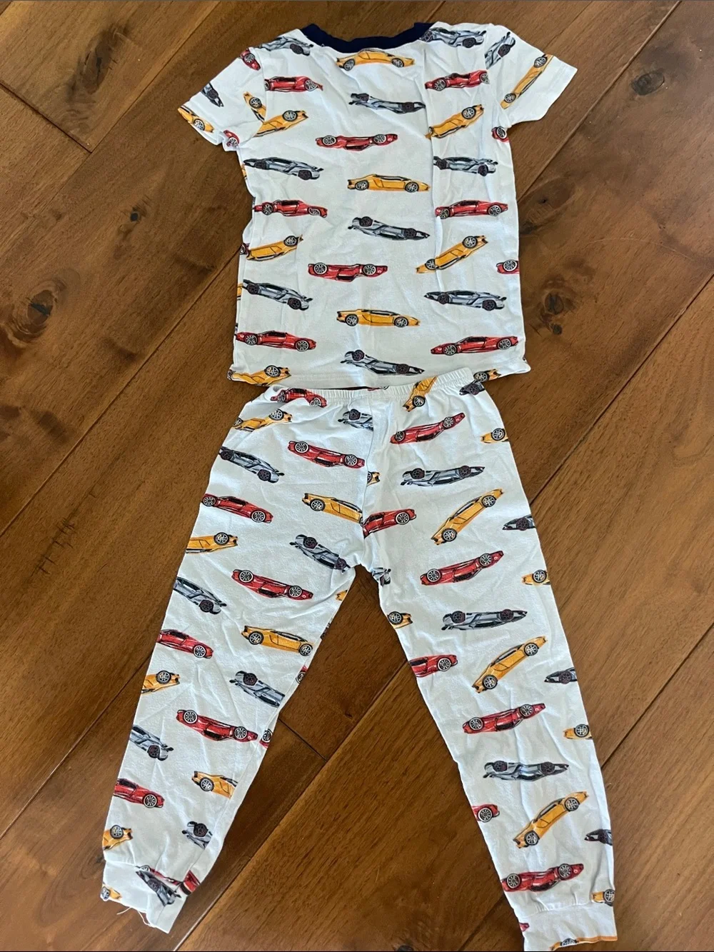 Kids Car-Print Pajama Set in White with Red, Yellow, and Black Cars